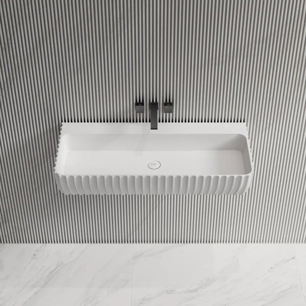 Rectangular white solid surface fluted design front top view close-up
