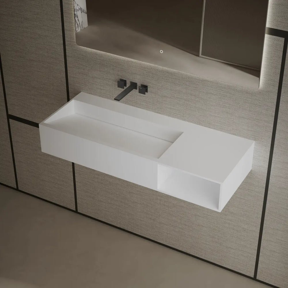 White rectangular matte white solid surface wall mount basin